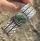 Very Fine Old Navajo Indian Ingot Hammered Coin Silver Turquoise Cuff Bracelet