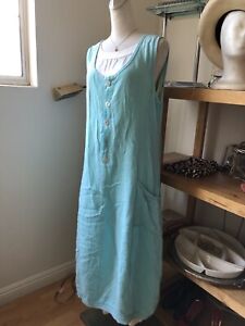 Fenini Women’s Turquoise Linen Tunic Dress Sleeveless Lagenlook Size M