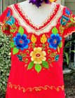 Mexico: Linen Red Blouse Tunic Floral Embroidery Vintage French Cutwork Collar