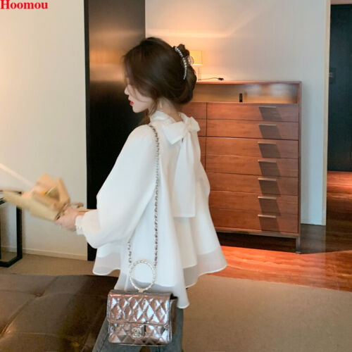 Korean Women Bow Tie Puff Sleeve Chiffon Party Formal Workwear Blouse Tops Shirt