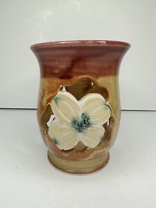 New ListingSigned Art Pottery Vase Brown With Apple Blossom Cut Out