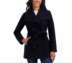 Tahari Women's Water-Resistant Tie Belt Trench Wrap Coat Jacket, Size L, Black