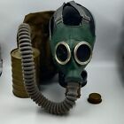 Vintage Cold War Era Rubber Gas Mask with Hose Tank and Carrying Bag
