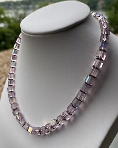 Pink Square Faceted Crystal Glass Beads Necklace 925 Silver Spacers & Clasp