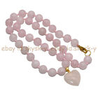 Natural Pink Rose Quartz 6/8/10/12mm Round Beaded Heart-shaped Pendant Necklace