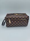 Brown Checkered Cosmetic Bag Travel Toiletry Organizer for Both Men and Women.