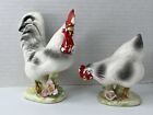 2 Vintage Enesco Ceramic Barnyard Chicken Hen Rooster Flower 4” & 5” Figurines