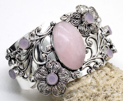 925 Sterling Silver Rose Quartz Gemstone Handmade Jewelry Cuff Bracelet Size-ADJ