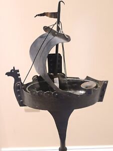 Antique Black Iron Art Deco Figural VIKING SHIP Smoking Stand Ashtray Germany