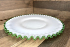 Fenton Emerald Crest Ruffled Green Edge Milk Glass 12” Cake Plate Platter