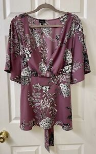 TORRID Babydoll Bell-Sleeve Blouse Dusty Rose Floral Faux Wrap Kimono Top Size 2