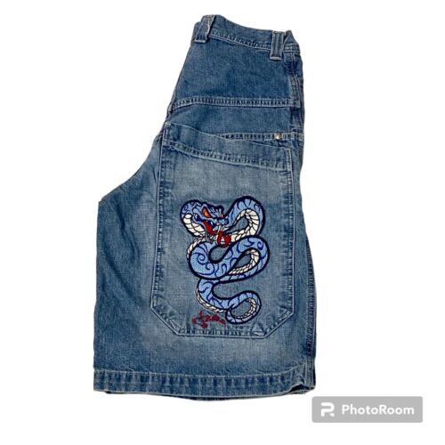 Vintage Y2k 90s JNCO Viper Snake Embroidered Blue Baggy Denim Shorts Size 29