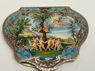 ANTIQUE ITALIAN SILVER PAINTED ENAMEL COMPACT GILDED INTERIOR GORGEOUS COLORS