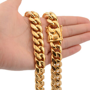 Mens Miami Cuban Link Bracelet or Chain Necklace 18k Gold Plated Stainless Steel