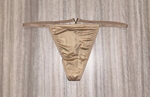 New Victoria Secret XL Thong V String Gold Logo Stretchy Shiny Satin Beige
