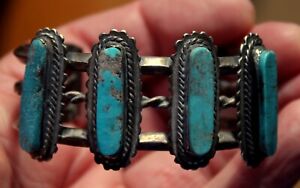 Old Pawn NAVAJO Handmade Sterling Silver & 4 Gorgeous Turquoise Stones Bracelet