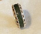 Vintage 14k Yellow Gold Lace Edge Green Jade Band Ring 8.5mm Wide 5.72 G Sz 8