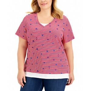Karen Scott Womens Plus Red Graphic Striped Short Sleeve T-Shirt Top 0X 1X 2X