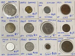 Foreign World Coins -Lot of 12 Coins-(1) 1800, (2) AU, (2) Pre 1905