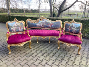 Luxury 1940s European Elegance: Louis XVI Style Sofa Set in Fuchsia/Red Velvet