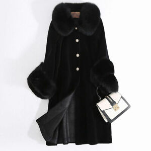 Winter Womens 100% Cashmere Pearl Button Fox Fur Collar Warm Trench Coat Outwear