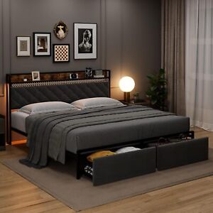 Full / Queen / King Size Bed Frame LED Upholstered Headboard 2 Drawers Platform