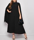 Elegant Plus Size Round Neck Long Sleeve Pleated Solid Cape Dress Formal Tunic