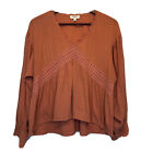 Umgee Top LARGE Orange Boho Peasant Empire Waist Lace Long Sleeve V-Neck Texture