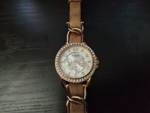 Fossil Riley Watch Ladies Womens ES 3466 Rose Gold and Crystal on Leather Band