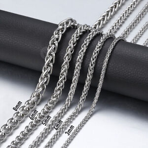 3/4/5/6/8mm Braided Wheat Chain Silver 316L Stainless Steel Men Women Necklace