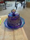 Round Covered Butter Dish Blue Iridescent Carnival Glass Scalloped Edge No Brand