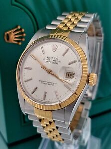 ROLEX DateJust 18k Gold/Steel 36mm Silver Tone Dial Watch - 16013 w/Box, Booklet