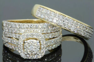 2Ct Simulated Diamond His & Her Engagement Trio Ring Set 925 Silver Gold Plated