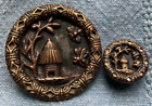 2 Antique Metal Mother Daughter Picture Buttons - Bees Beehive - 1 3/8” & 5/8”