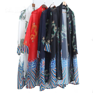 Men Chiffon Long Kimono Robe Jacket Coat Top Dragon Print See Through Cardigan