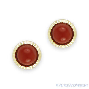 Red Coral Cabochon on Ribbed Halo Studs 14kt 14k Yellow White Gold Stud Earrings