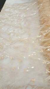 Ivory Lace 3d sequin Honey Gold Embroidered on Nude Mesh Paillette By Yard