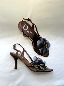 Christian Dior Satin Slingback Sandals Blue & Velvet Flower Size EU 37.5 US 7.5M