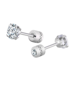 Silver Stainless Steel Round CZ Stud Earrings for Women Men Piercing Screw Back