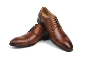 Mens Exclusive Genuine Leather Cognac Brown Lace Up Cap Toe Oxfords Dress Shoes