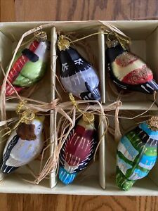 Vintage Boxed Set of 6 Artisan Painted Glass Bird Christmas Ornaments Hanging 3”