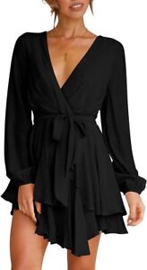Womens Mini Dress Deep V-Neck Long Sleeve Waist Tie Ruffle Mini Black Dress