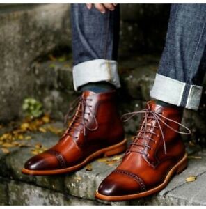 Handmade Men's Brown Brogue Lace Up Ankle Boots, Real Leather Dress Boots