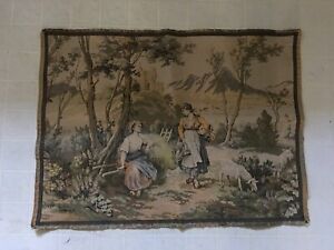 Vintage 1930s French Chateau wall tapestry wall hanging Ladies Sheep Castles 26