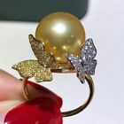 Gorgeous HUGE AAAAA 10-11mm Natural Round South Sea Golden Pearl Ring 925s