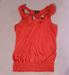 Woman's Small Sleeveless Orange Top Vtg 579 Rayon Blend Ruffled Front crossback