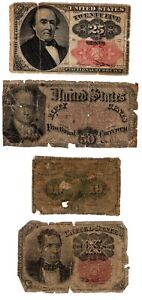 US Paper Currency, 1870's 50 cent, 25 cent, 10 cent, poor condition