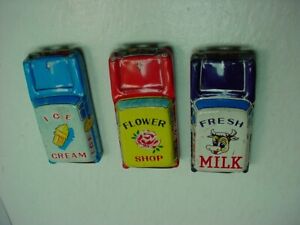 3 vintage 50’s TN NOMURA Tin miniature penny toy CARS milk cow flower ice cream