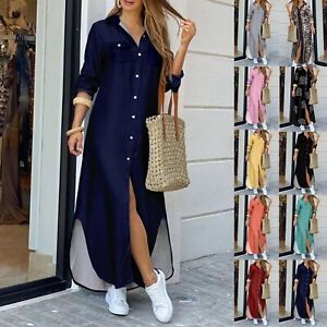 Womens Long Sleeve Casual Loose Button Down Long Maxi Shirt Dress Plus Size