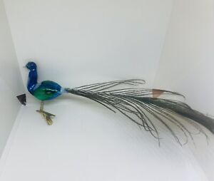 Vintage Blown Mercury Glass Peacock Bird Christmas Ornament Clip On Mid Century